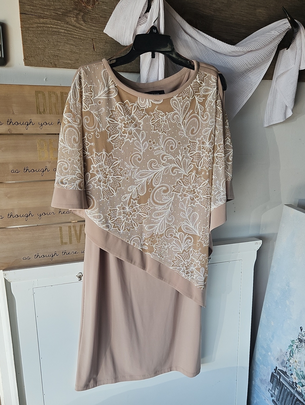 R&M Richards Beige Floral Lace-Overlay Midi Dress